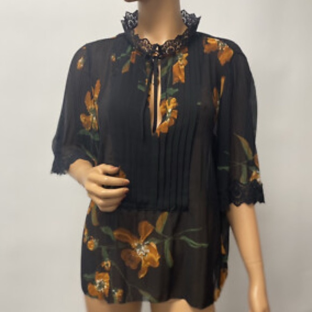 Aritzia Wilfred Floral Black and Orange Deep V-neck Mandarin Lace Collar - Picture 7 of 7